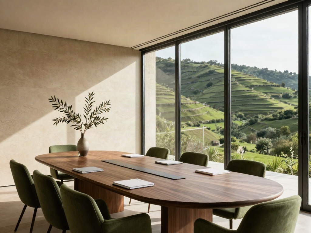 Sunlit executive boardroom with business analytics on the table and a view of the Portuguese hills